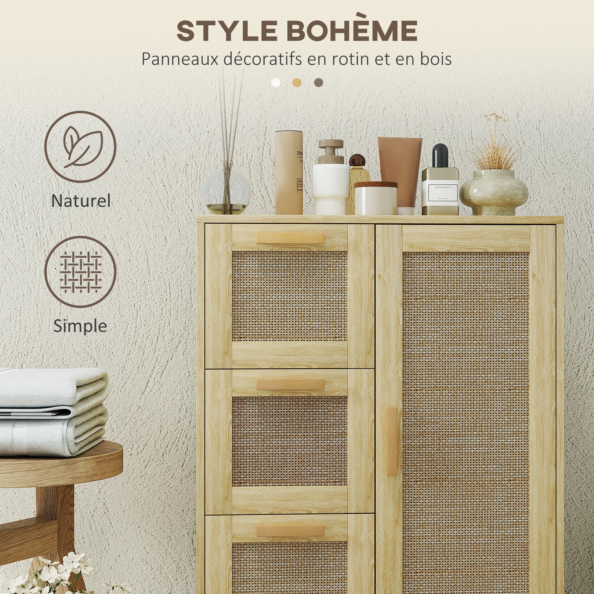 Bathroom Storage Cabinet, Bohemian Style Storage Unit with Drawer and Cupboard, Adjustable Shelves, Rattan Door, Cabinet for Bathroom, Living Room, Kitchen - 55 x 30 x 82 cm, Oak