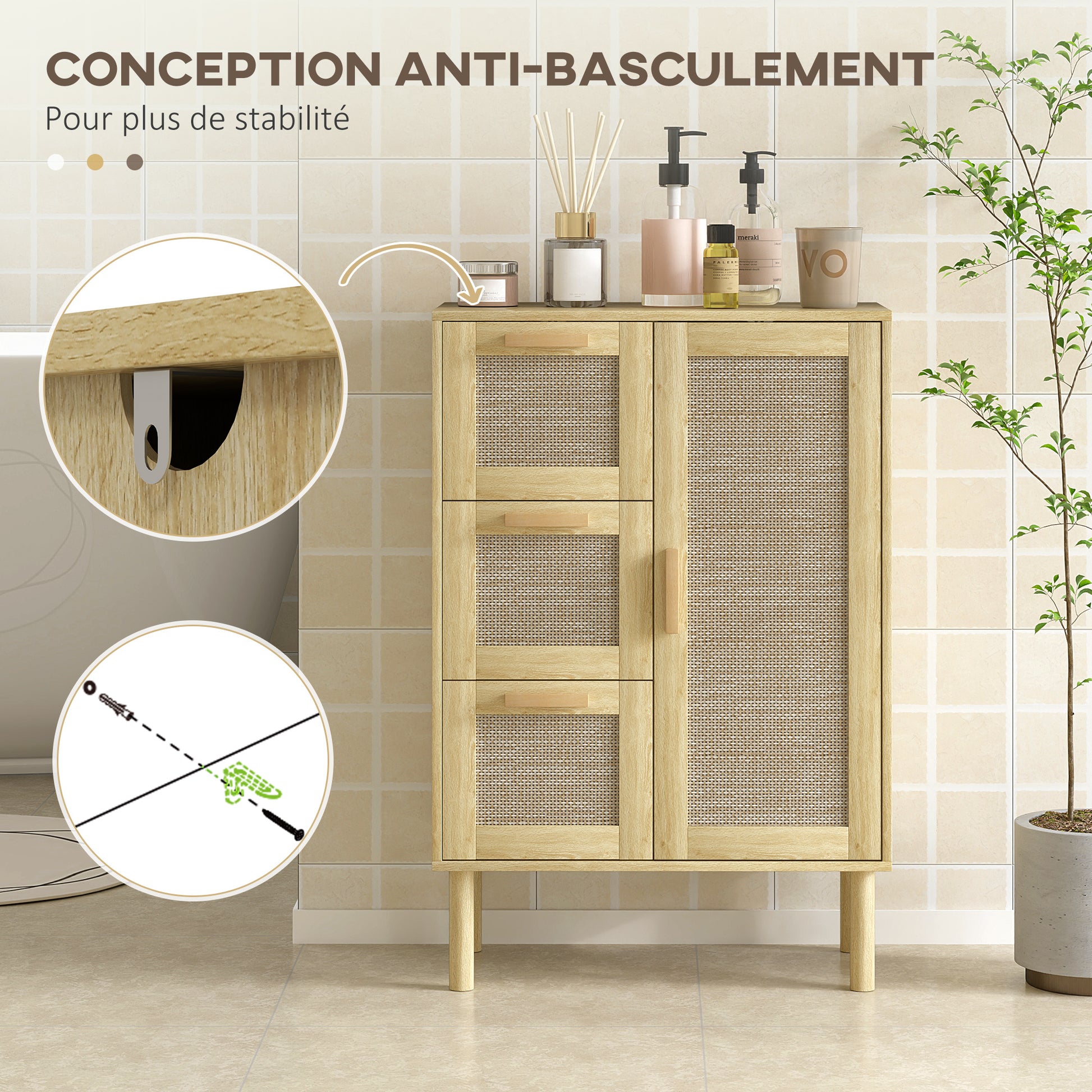 Bathroom Storage Cabinet, Bohemian Style Storage Unit with Drawer and Cupboard, Adjustable Shelves, Rattan Door, Cabinet for Bathroom, Living Room, Kitchen - 55 x 30 x 82 cm, Oak