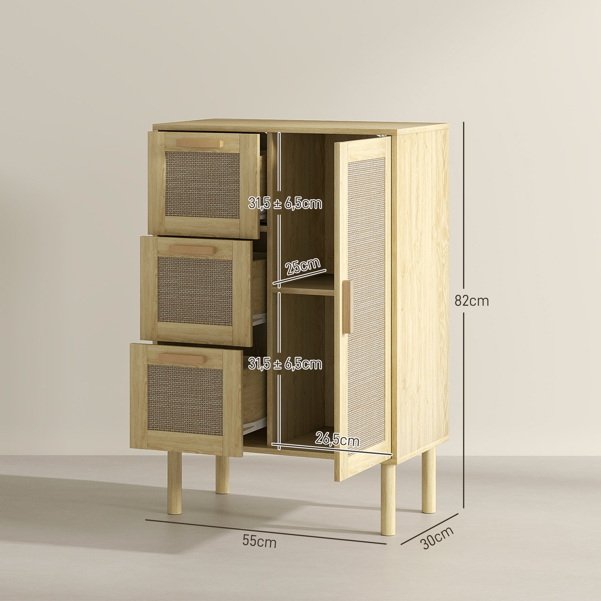 Bathroom Storage Cabinet, Bohemian Style Storage Unit with Drawer and Cupboard, Adjustable Shelves, Rattan Door, Cabinet for Bathroom, Living Room, Kitchen - 55 x 30 x 82 cm, Oak