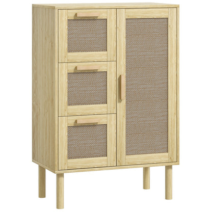 Bathroom Storage Cabinet, Bohemian Style Storage Unit with Drawer and Cupboard, Adjustable Shelves, Rattan Door, Cabinet for Bathroom, Living Room, Kitchen - 55 x 30 x 82 cm, Oak