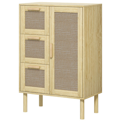 Bathroom Storage Cabinet, Bohemian Style Storage Unit with Drawer and Cupboard, Adjustable Shelves, Rattan Door, Cabinet for Bathroom, Living Room, Kitchen - 55 x 30 x 82 cm, Oak