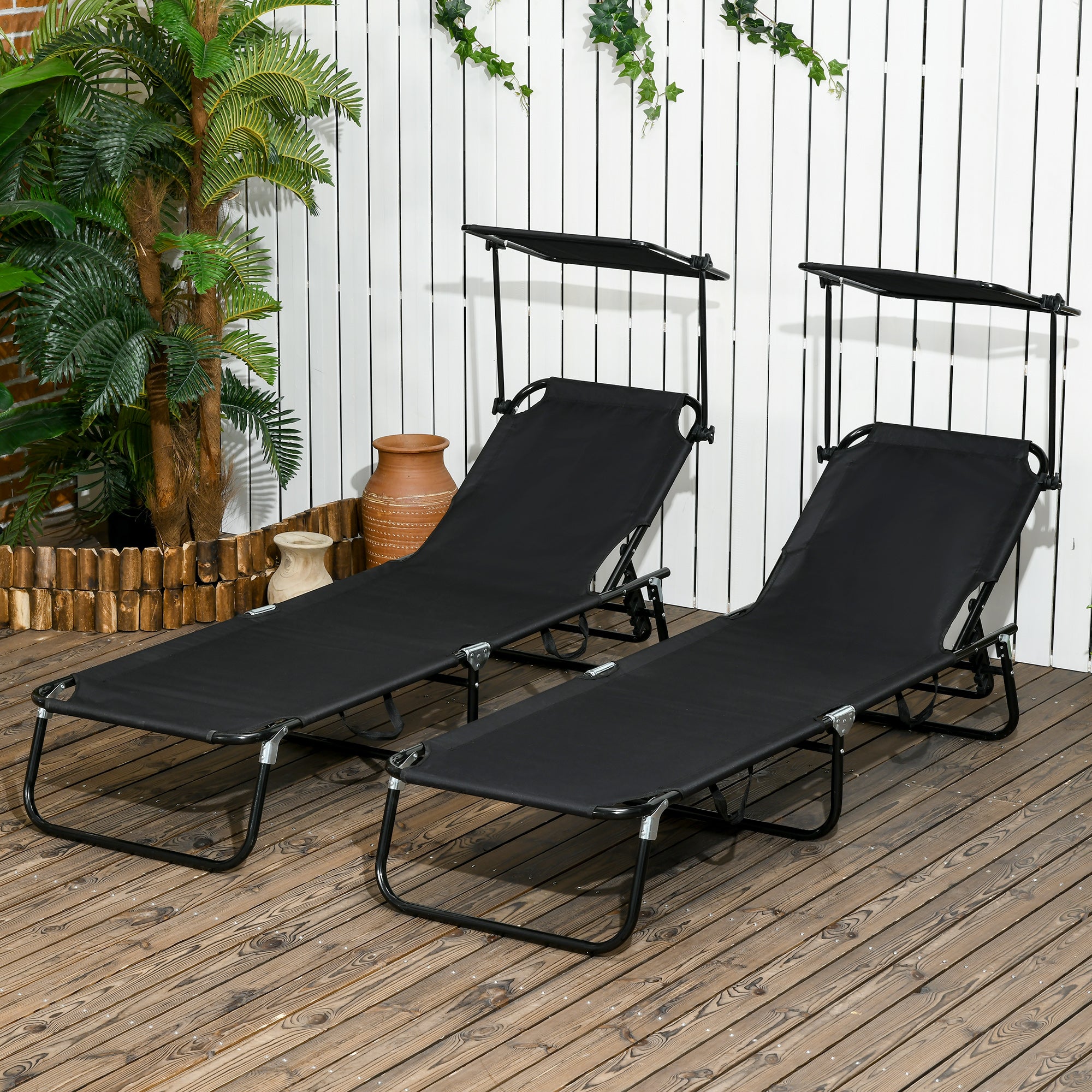Set of 2 Folding Sun Loungers with Canopy, 5-Position Adjustable Backrest, 265 lb Capacity, Outdoor Pool & Beach — Black