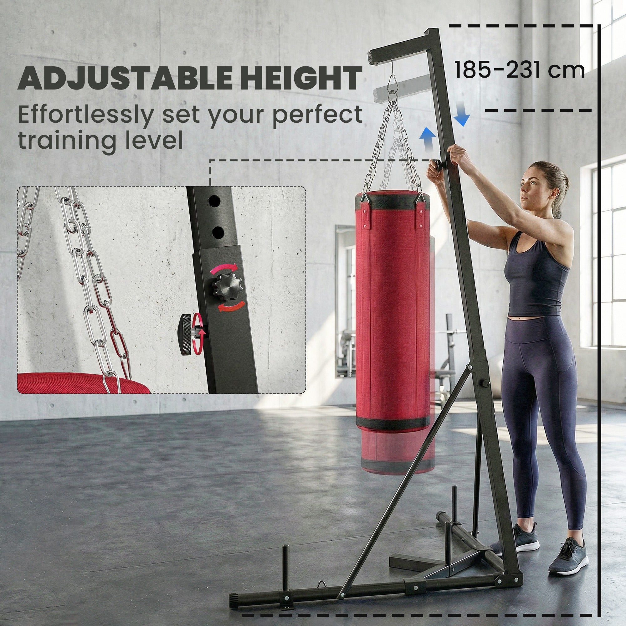 SPORTNOW Boxing Bag with Stand for Adults, Adjustable Height 185–231 cm (73–91 in), Triangular Base, Canvas Punching Bag, 1 in Weight Plate Posts, Home Gym Fitness Training, Red