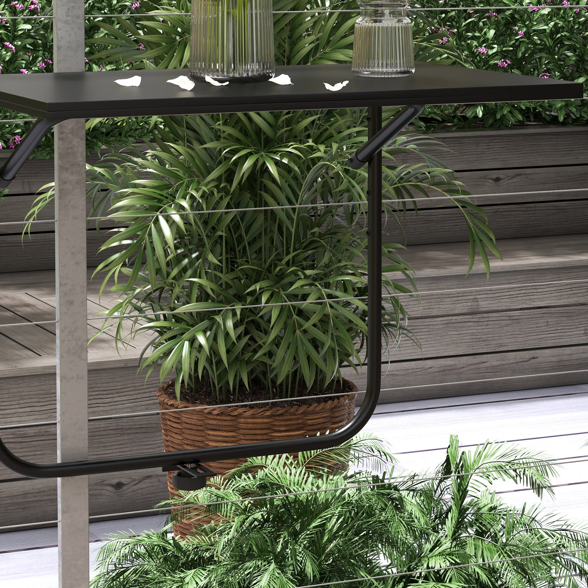 Hanging Balcony Table, Foldable Hanging Table, 3 Heights Adjustable Balcony Railing Table, Holds up to 15 kg, for Garden, Metal, 62 x 60 cm, Black