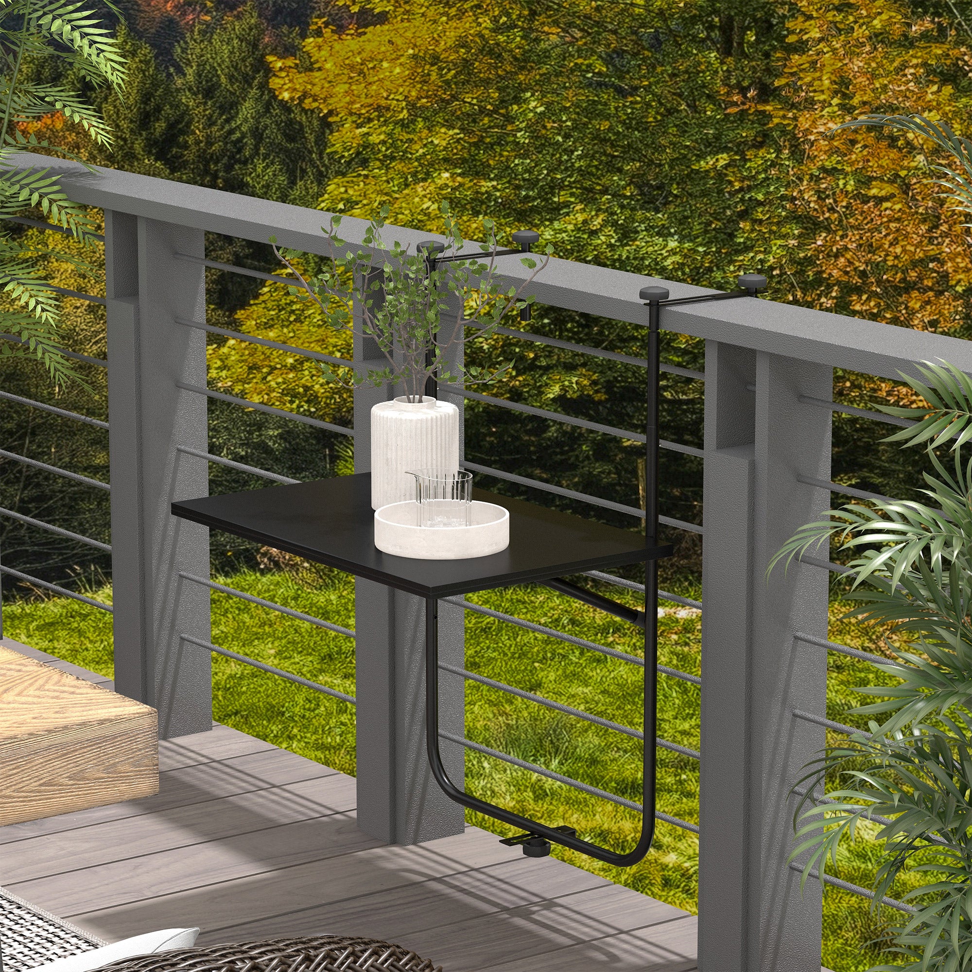 Hanging Balcony Table, Foldable Hanging Table, 3 Heights Adjustable Balcony Railing Table, Holds up to 15 kg, for Garden, Metal, 62 x 60 cm, Black
