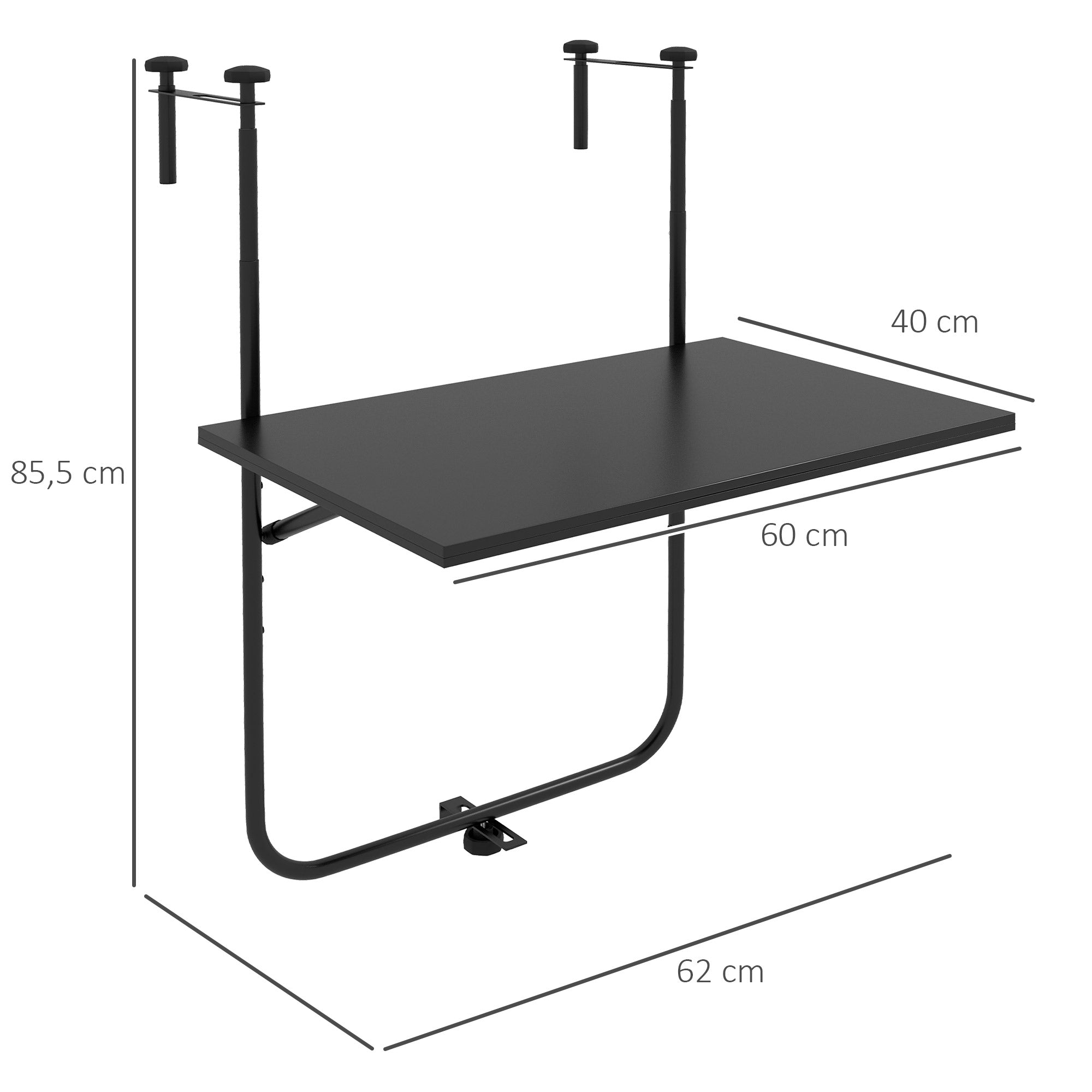 Hanging Balcony Table, Foldable Hanging Table, 3 Heights Adjustable Balcony Railing Table, Holds up to 15 kg, for Garden, Metal, 62 x 60 cm, Black