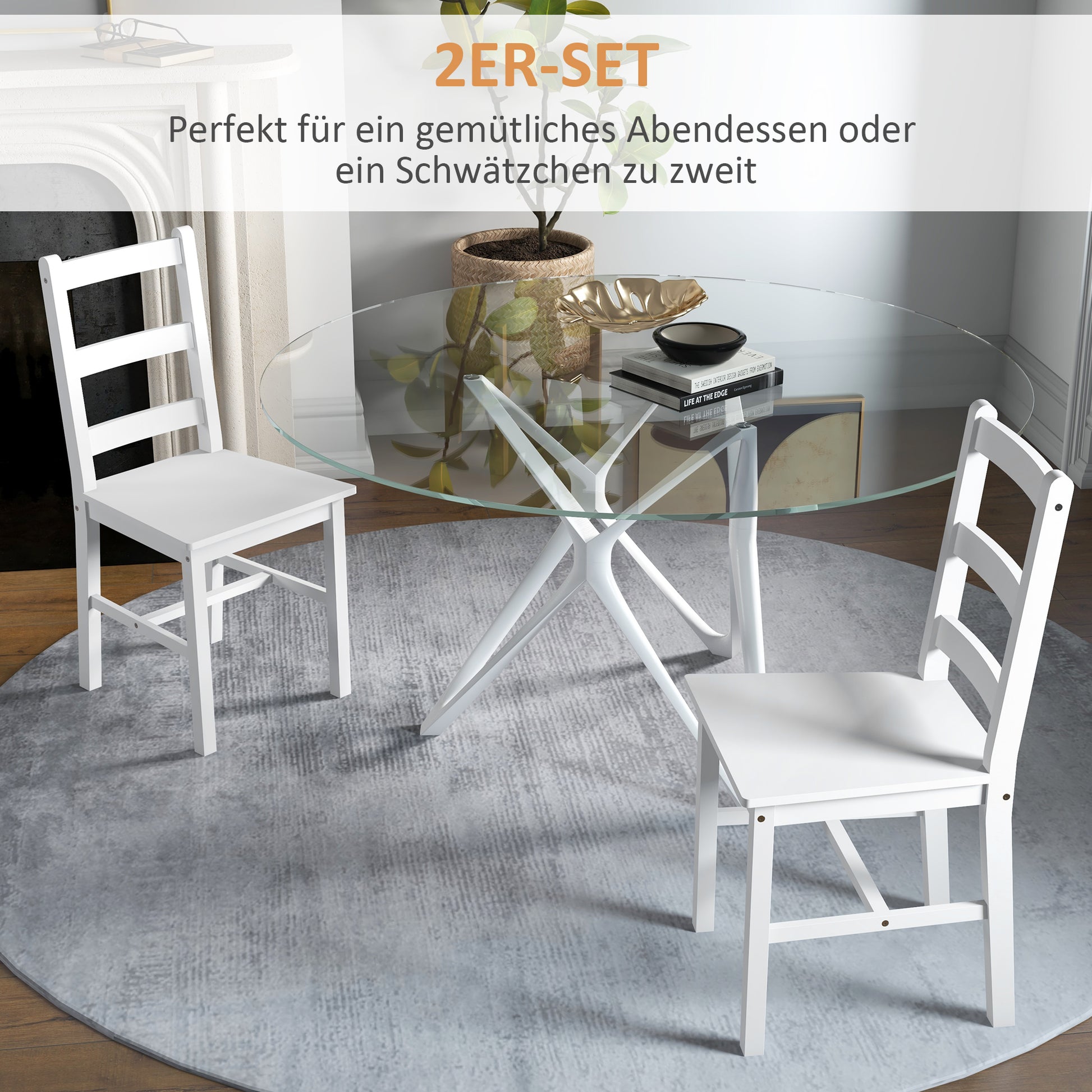 Set of 2 Wooden Dining Chairs with Slat Backrest, Non-Slip Chairs, Living Room Chairs for Dining Table, White