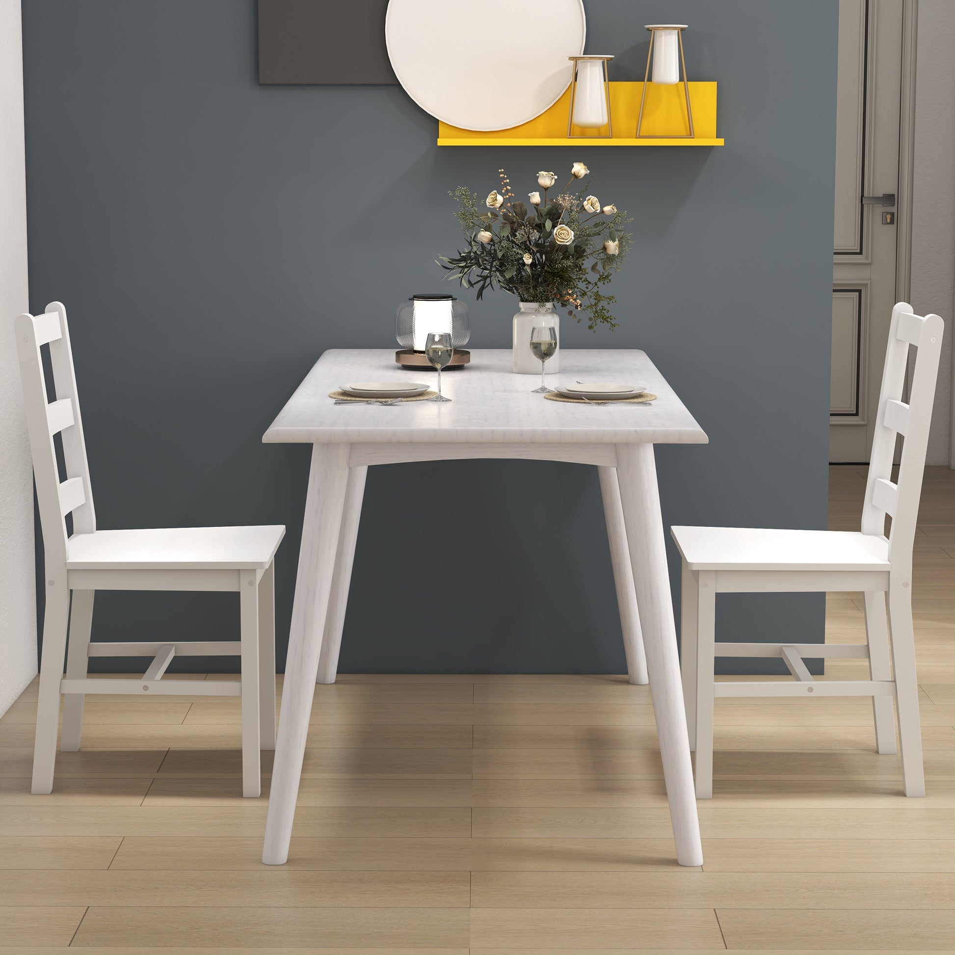 Set of 2 Wooden Dining Chairs with Slat Backrest, Non-Slip Chairs, Living Room Chairs for Dining Table, White