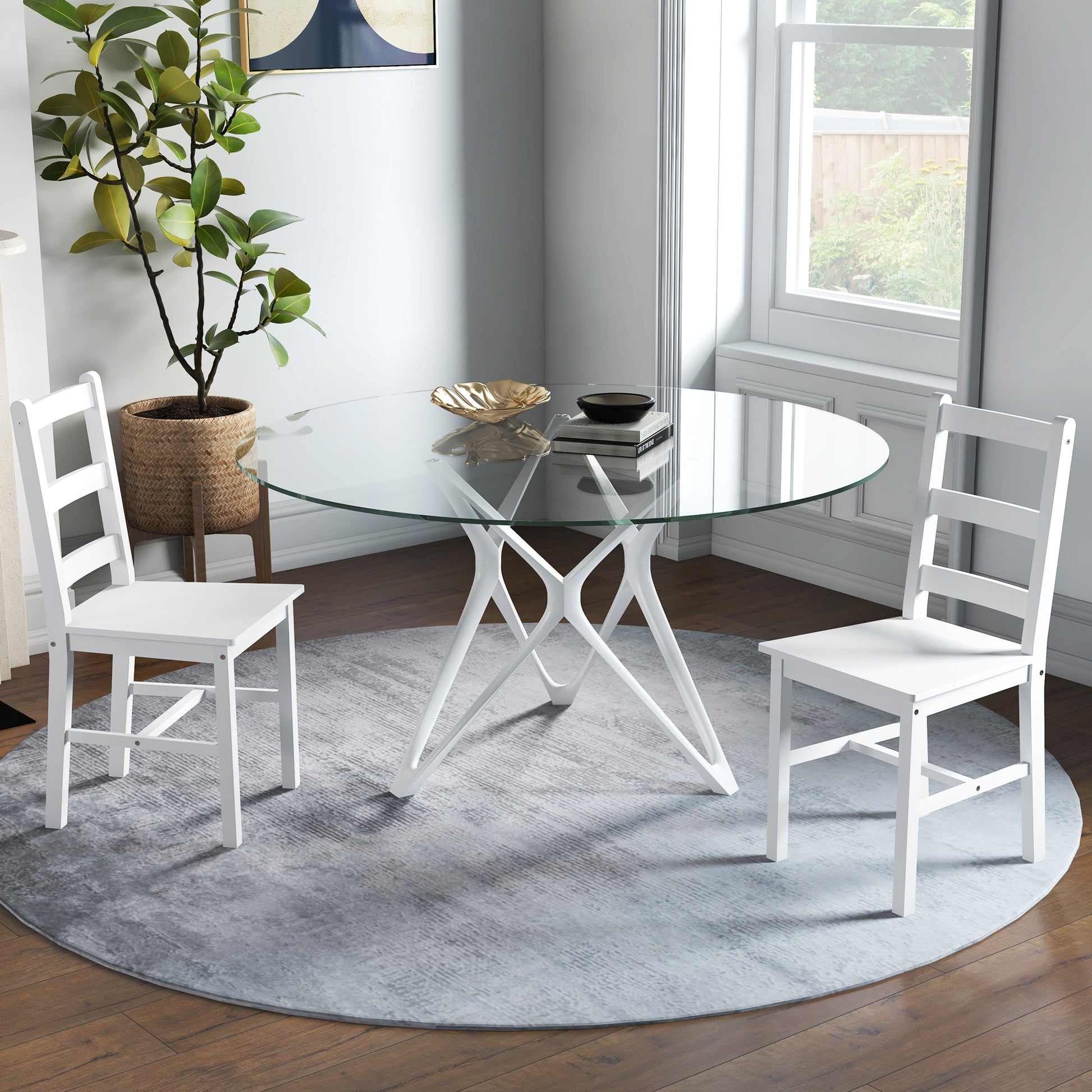 Set of 2 Wooden Dining Chairs with Slat Backrest, Non-Slip Chairs, Living Room Chairs for Dining Table, White