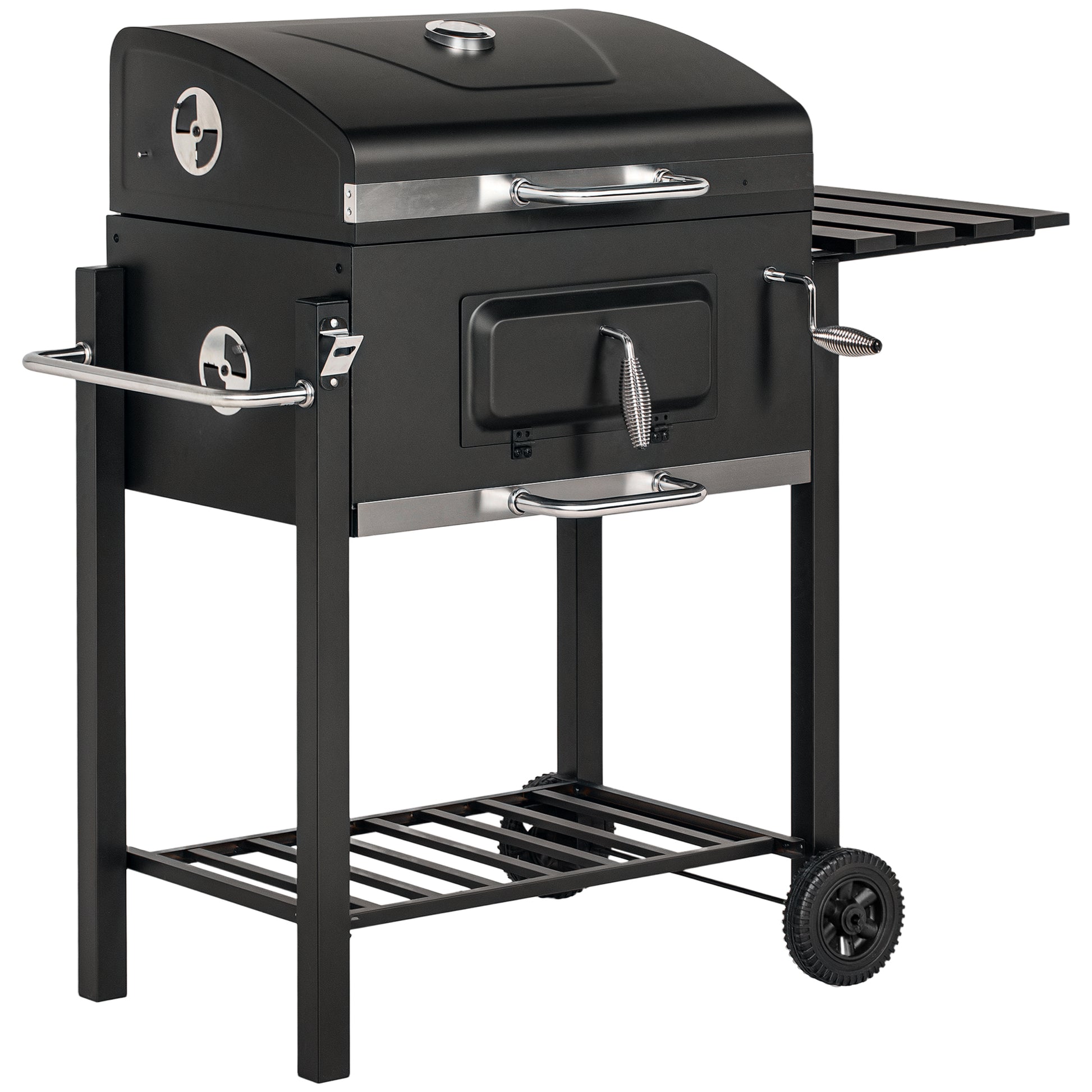 Stainless Steel BBQ Smoker Charcoal Grill with Lid Thermometer Wheels Charcoal Tray Handle Shelf BBQ Cart, Charcoal Stand Grill for Barbecue Camping, Garden 115 x 67 x 107 cm
