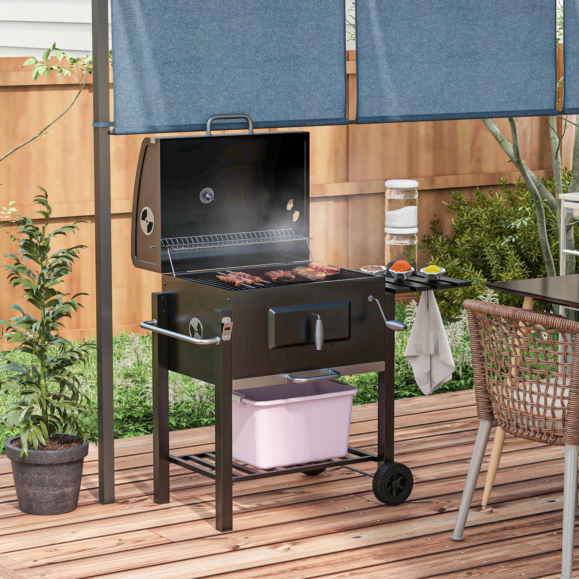 Stainless Steel BBQ Smoker Charcoal Grill with Lid Thermometer Wheels Charcoal Tray Handle Shelf BBQ Cart, Charcoal Stand Grill for Barbecue Camping, Garden 115 x 67 x 107 cm
