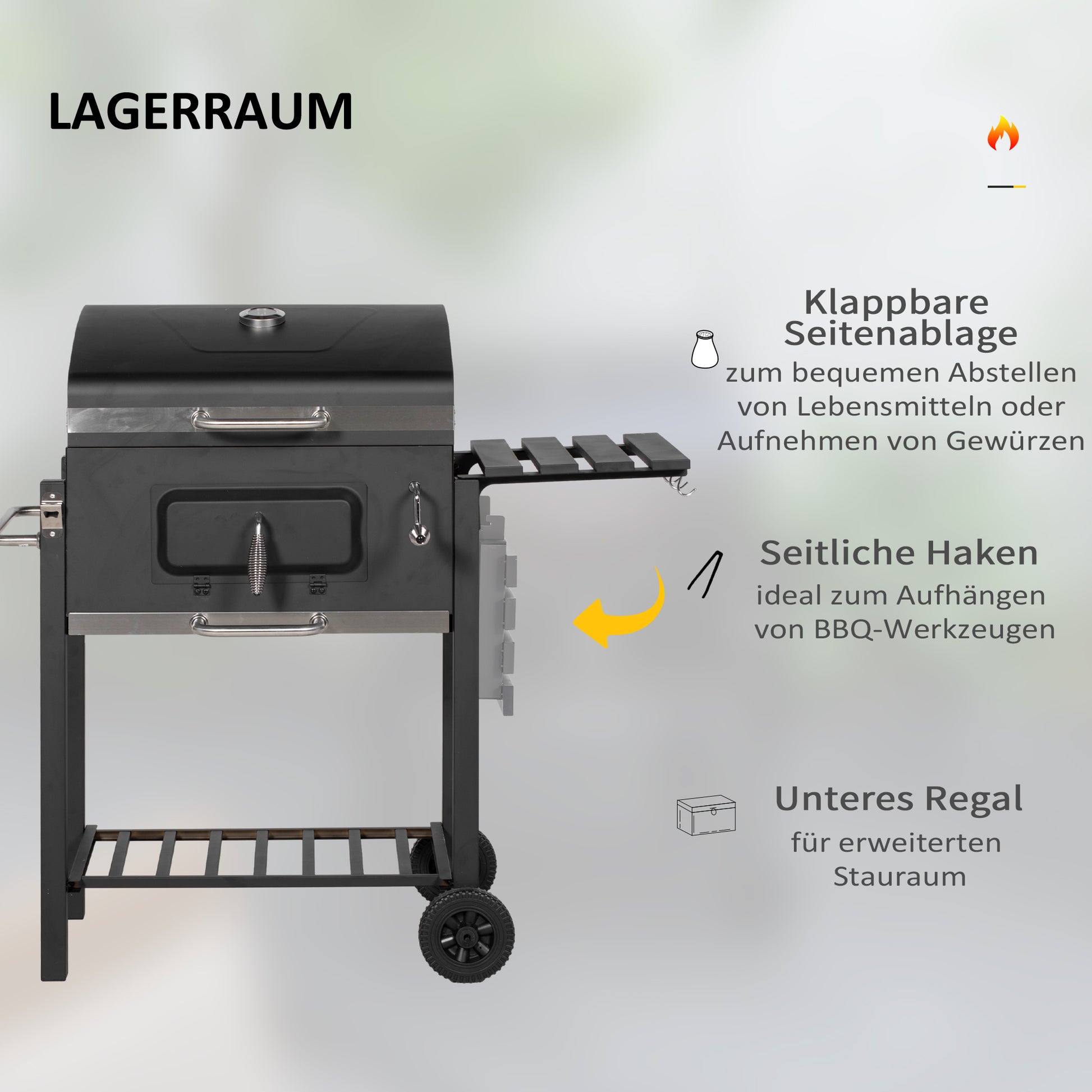 Stainless Steel BBQ Smoker Charcoal Grill with Lid Thermometer Wheels Charcoal Tray Handle Shelf BBQ Cart, Charcoal Stand Grill for Barbecue Camping, Garden 115 x 67 x 107 cm
