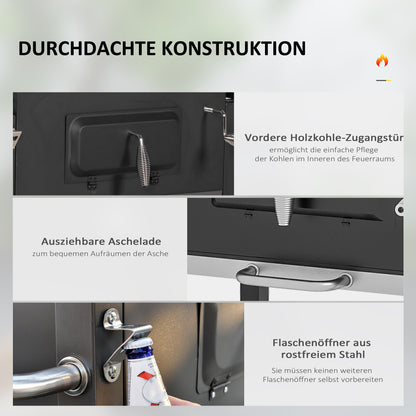 Stainless Steel BBQ Smoker Charcoal Grill with Lid Thermometer Wheels Charcoal Tray Handle Shelf BBQ Cart, Charcoal Stand Grill for Barbecue Camping, Garden 115 x 67 x 107 cm