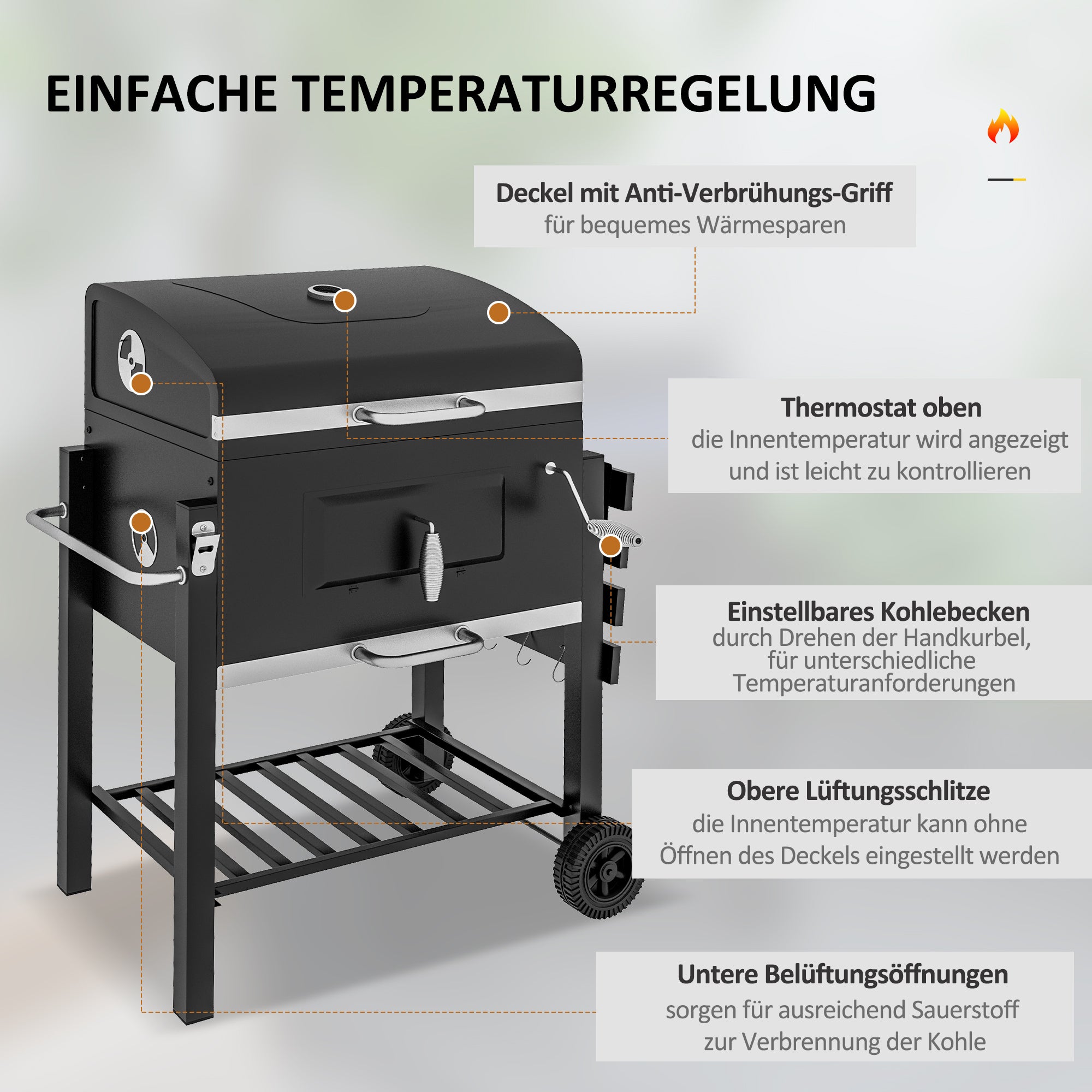 Stainless Steel BBQ Smoker Charcoal Grill with Lid Thermometer Wheels Charcoal Tray Handle Shelf BBQ Cart, Charcoal Stand Grill for Barbecue Camping, Garden 115 x 67 x 107 cm