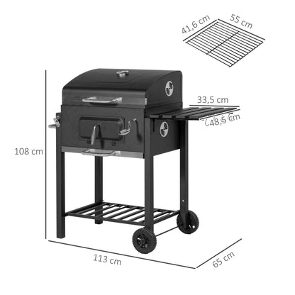 Stainless Steel BBQ Smoker Charcoal Grill with Lid Thermometer Wheels Charcoal Tray Handle Shelf BBQ Cart, Charcoal Stand Grill for Barbecue Camping, Garden 115 x 67 x 107 cm