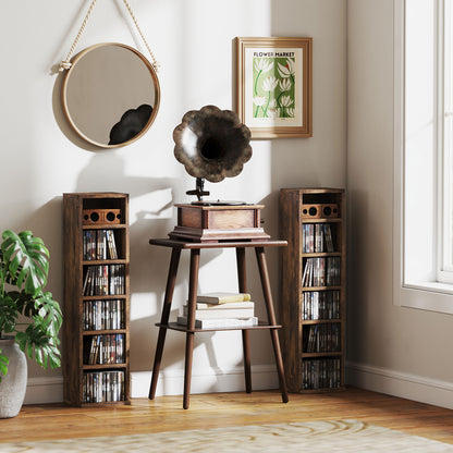 Set of 2 column shelves CD-DVD storage cabinet 6 + 6 compartments 21 x 22.5 x 88.5 cm max capacity 204 CDs rustic brown