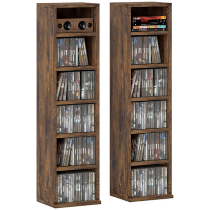 Set of 2 column shelves CD-DVD storage cabinet 6 + 6 compartments 21 x 22.5 x 88.5 cm max capacity 204 CDs rustic brown