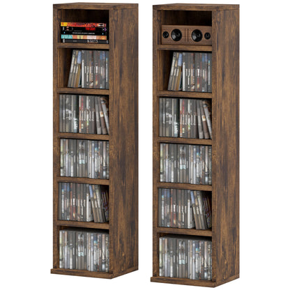 Set of 2 column shelves CD-DVD storage cabinet 6 + 6 compartments 21 x 22.5 x 88.5 cm max capacity 204 CDs rustic brown