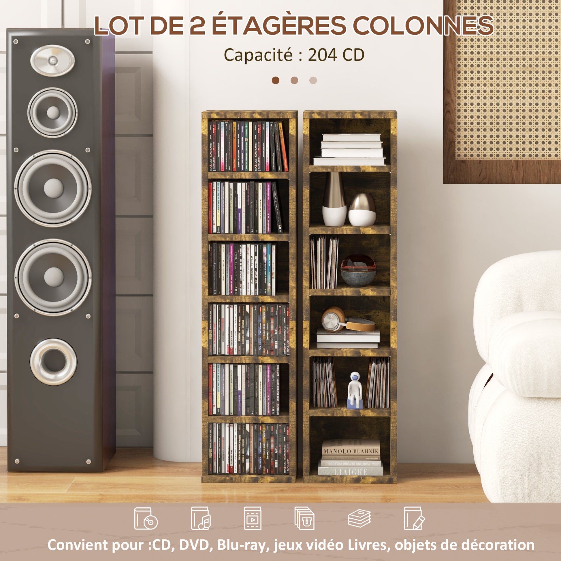Set of 2 column shelves CD-DVD storage cabinet 6 + 6 compartments 21 x 22.5 x 88.5 cm max capacity 204 CDs rustic brown