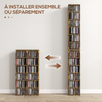 Set of 2 column shelves CD-DVD storage cabinet 6 + 6 compartments 21 x 22.5 x 88.5 cm max capacity 204 CDs rustic brown
