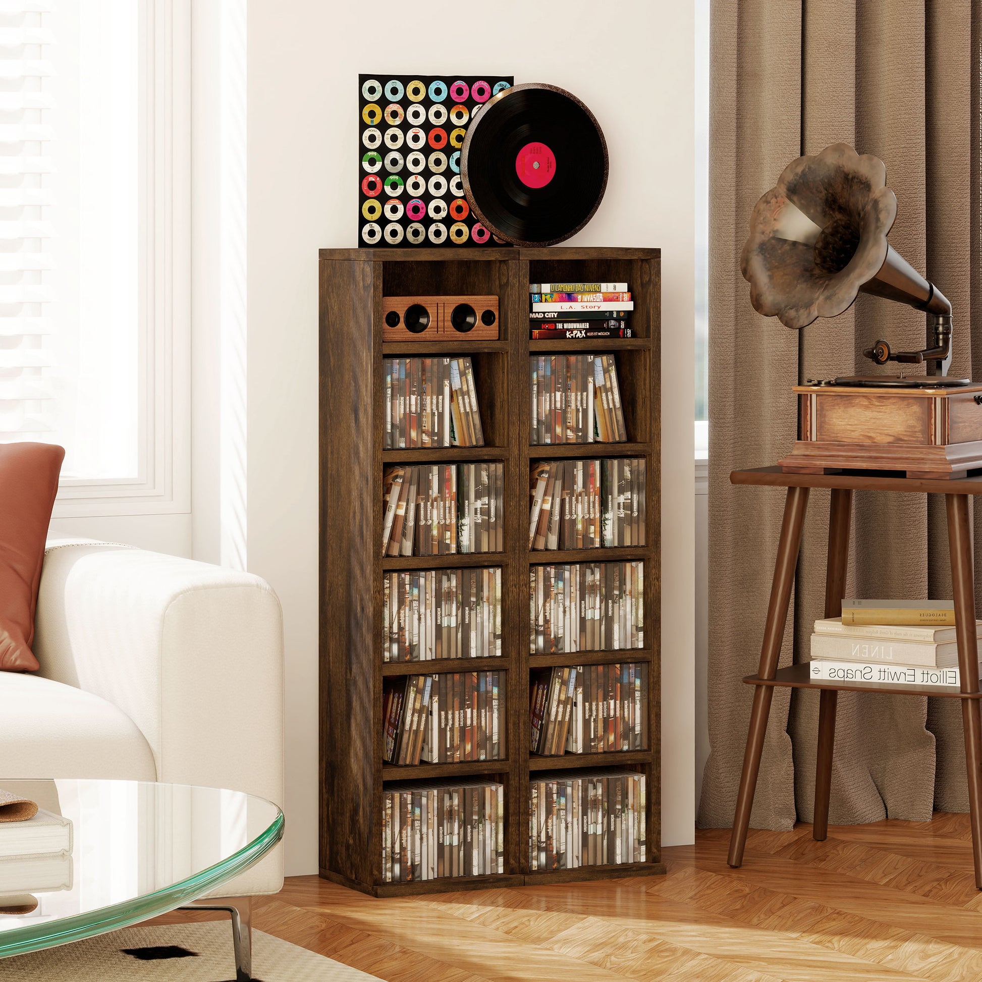 Set of 2 column shelves CD-DVD storage cabinet 6 + 6 compartments 21 x 22.5 x 88.5 cm max capacity 204 CDs rustic brown