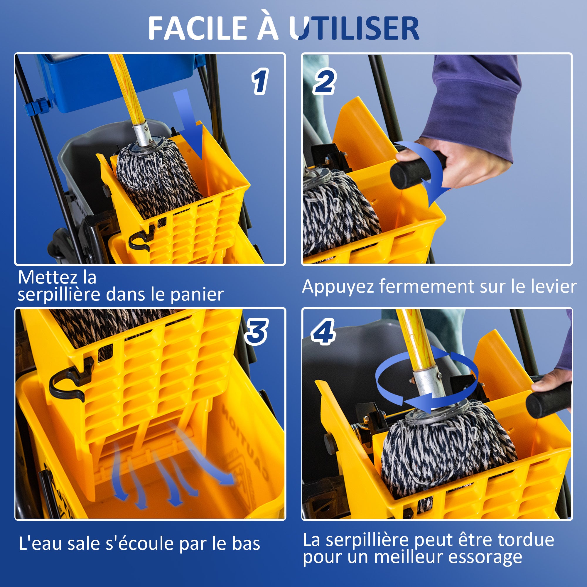 Professional Cleaning Cart with Side Press Wringer 26 L Bucket + Storage Basket 78 x 45 x 95 cm Yellow