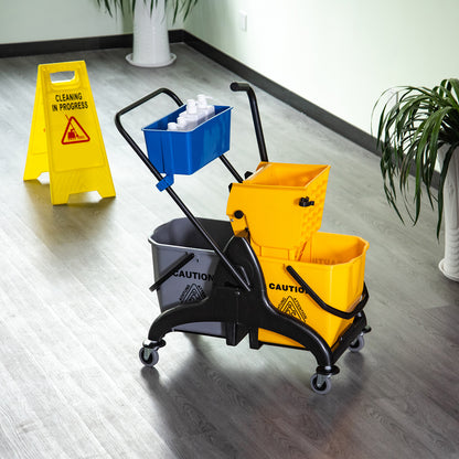Professional Cleaning Cart with Side Press Wringer 26 L Bucket + Storage Basket 78 x 45 x 95 cm Yellow