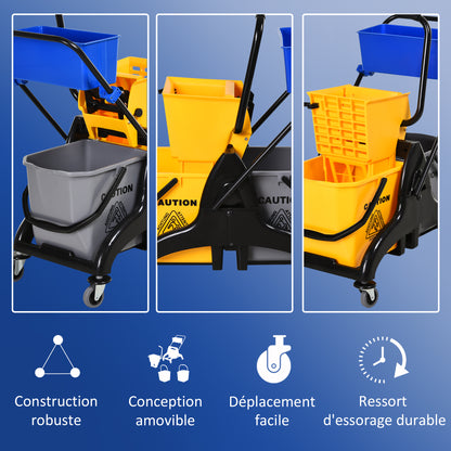 Professional Cleaning Cart with Side Press Wringer 26 L Bucket + Storage Basket 78 x 45 x 95 cm Yellow