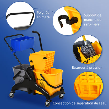 Professional Cleaning Cart with Side Press Wringer 26 L Bucket + Storage Basket 78 x 45 x 95 cm Yellow