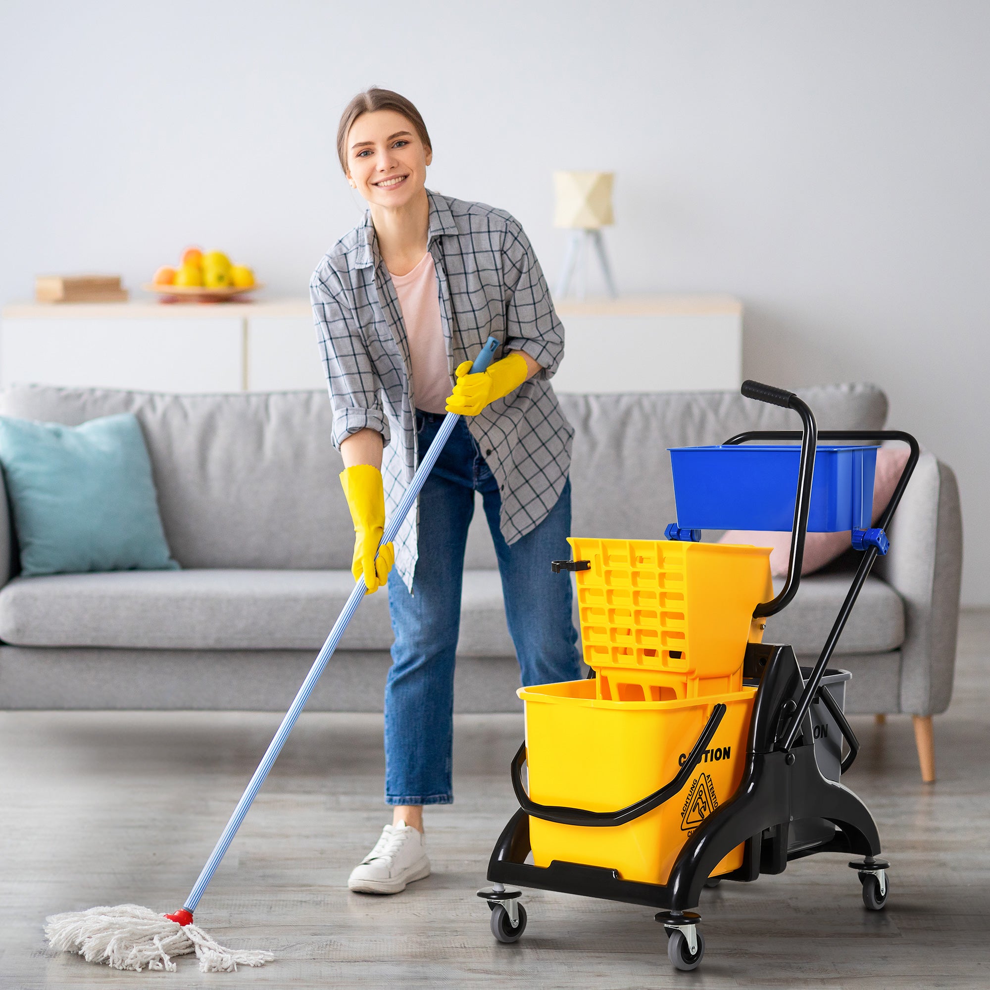 Professional Cleaning Cart with Side Press Wringer 26 L Bucket + Storage Basket 78 x 45 x 95 cm Yellow