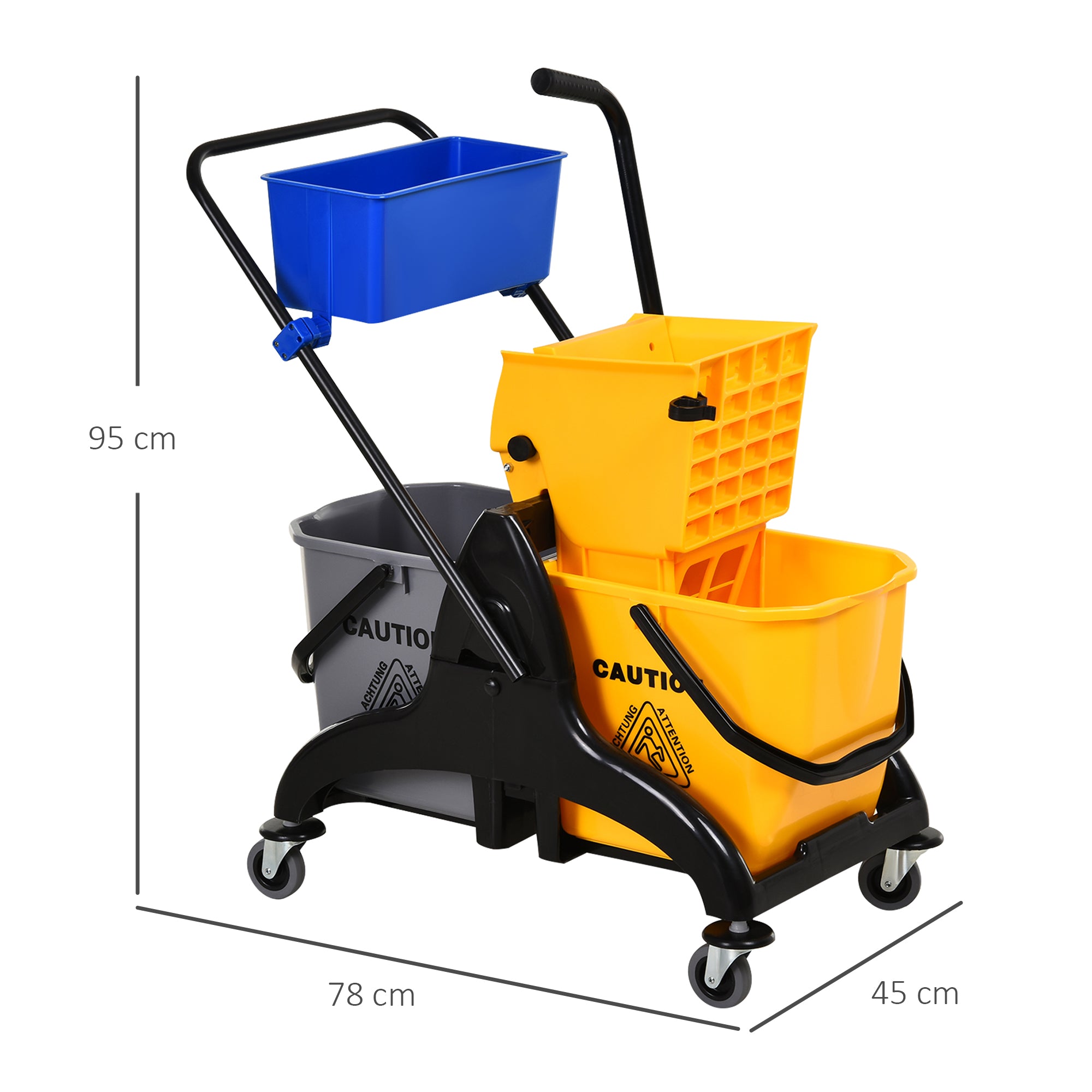 Professional Cleaning Cart with Side Press Wringer 26 L Bucket + Storage Basket 78 x 45 x 95 cm Yellow