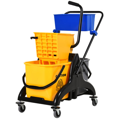 Professional Cleaning Cart with Side Press Wringer 26 L Bucket + Storage Basket 78 x 45 x 95 cm Yellow