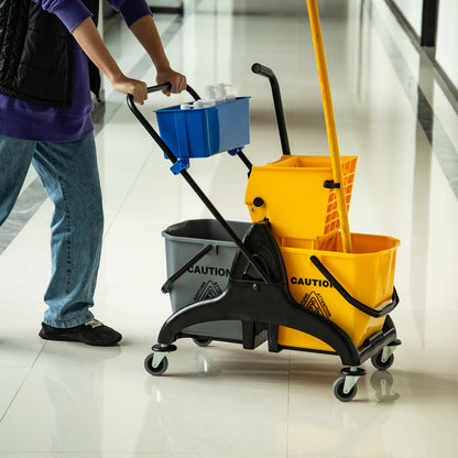 Professional Cleaning Cart with Side Press Wringer 26 L Bucket + Storage Basket 78 x 45 x 95 cm Yellow