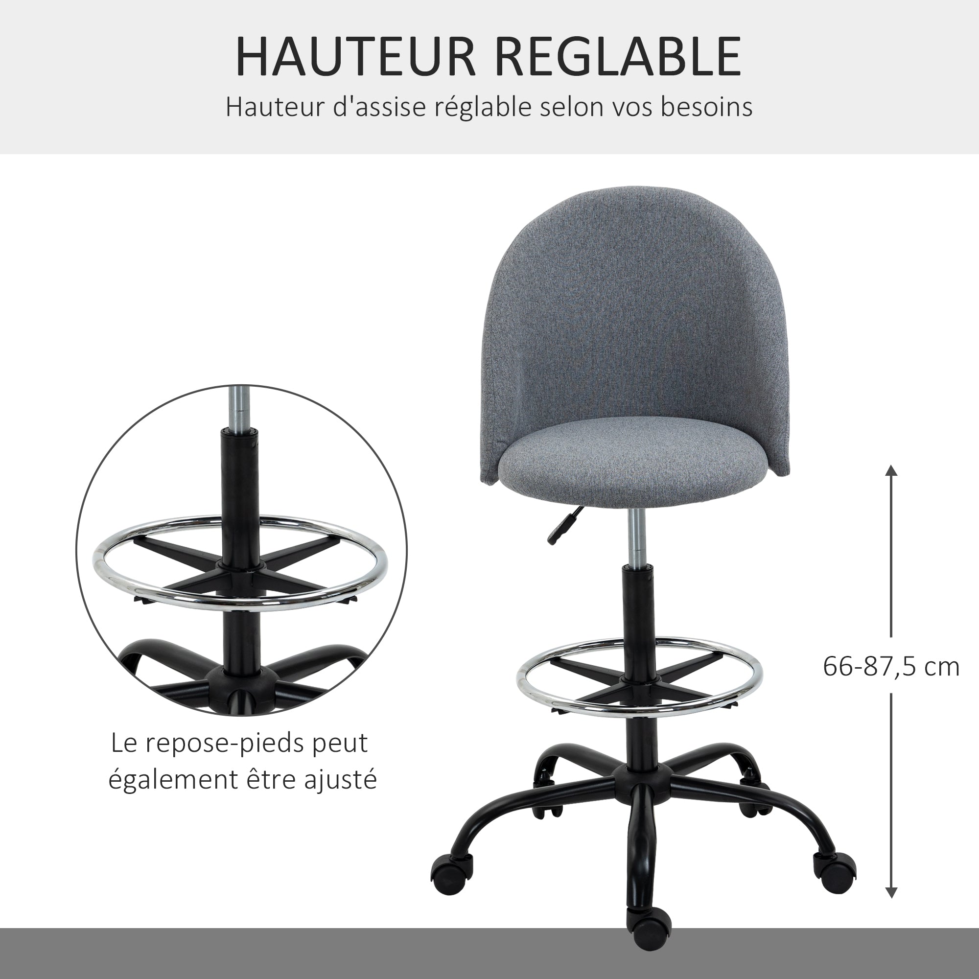 Adjustable High Seating Office Chair 105-125H cm Swivel Office Stool 360° Gray Linen
