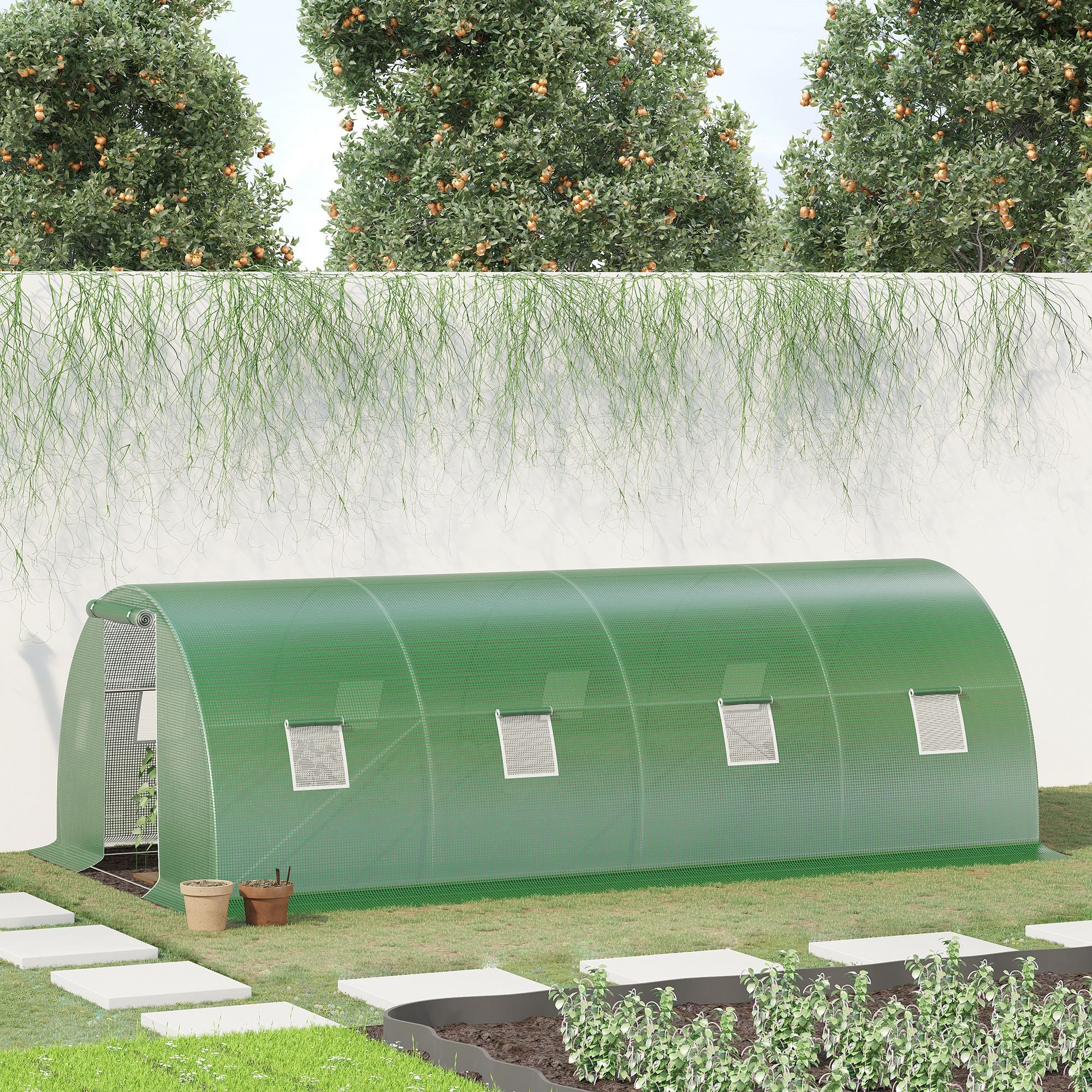 Garden Tunnel Greenhouse 18 sqm 6L x 3W x 2H m - 8 Windows, Zippered Roll-up Door - Galvanized Steel Tubular Frame, High-Density PE Green Cover