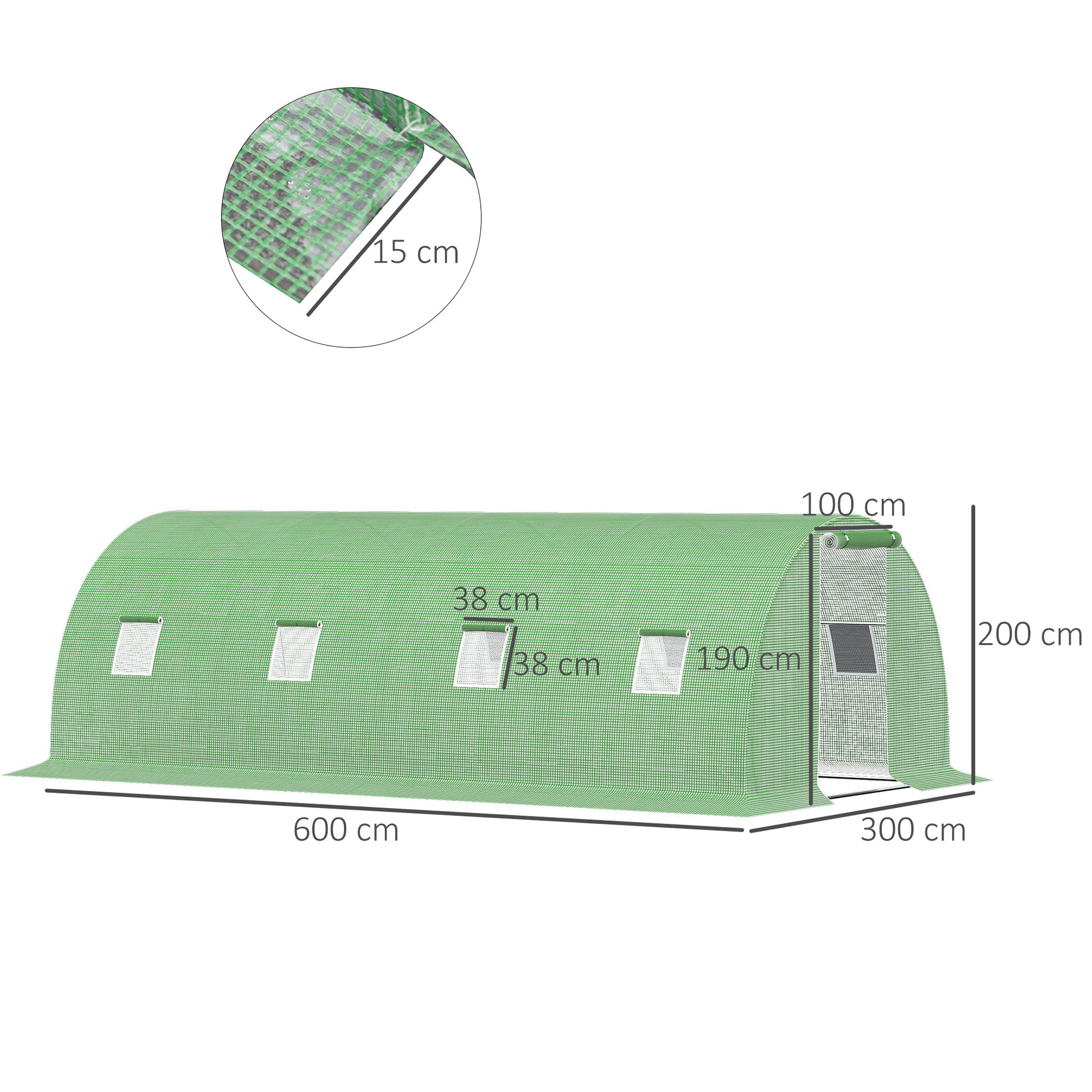 Garden Tunnel Greenhouse 18 sqm 6L x 3W x 2H m - 8 Windows, Zippered Roll-up Door - Galvanized Steel Tubular Frame, High-Density PE Green Cover