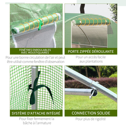 Garden Tunnel Greenhouse 18 sqm 6L x 3W x 2H m - 8 Windows, Zippered Roll-up Door - Galvanized Steel Tubular Frame, High-Density PE Green Cover