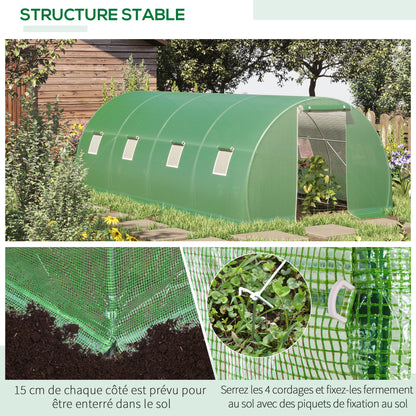 Garden Tunnel Greenhouse 18 sqm 6L x 3W x 2H m - 8 Windows, Zippered Roll-up Door - Galvanized Steel Tubular Frame, High-Density PE Green Cover