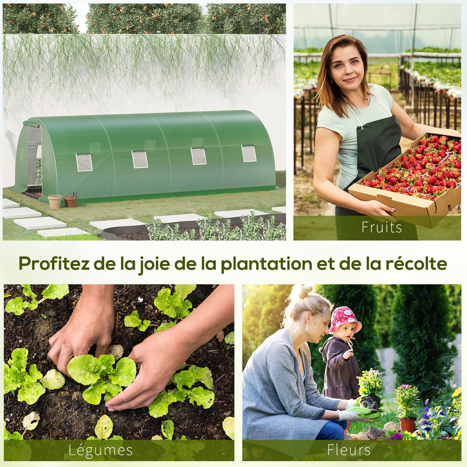 Garden Tunnel Greenhouse 18 sqm 6L x 3W x 2H m - 8 Windows, Zippered Roll-up Door - Galvanized Steel Tubular Frame, High-Density PE Green Cover