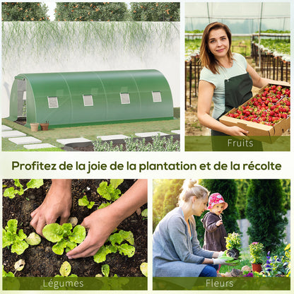 Garden Tunnel Greenhouse 18 sqm 6L x 3W x 2H m - 8 Windows, Zippered Roll-up Door - Galvanized Steel Tubular Frame, High-Density PE Green Cover