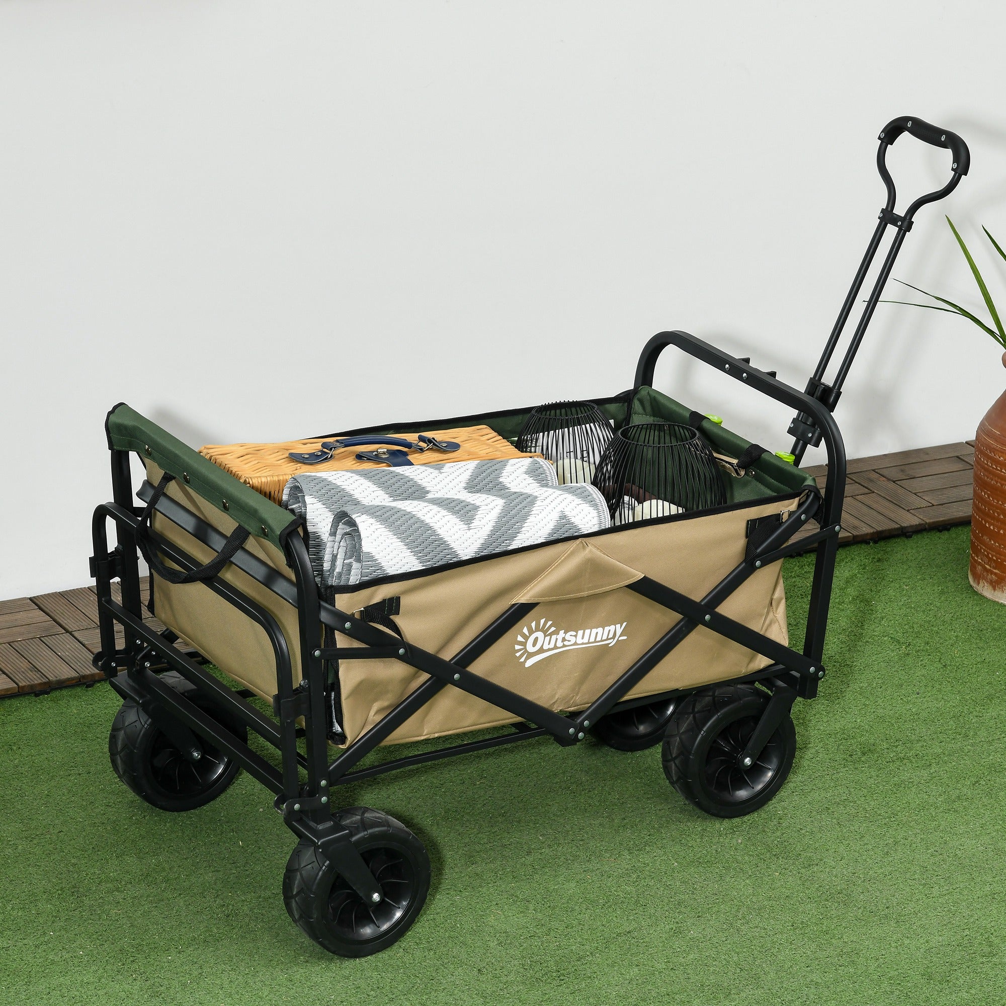 Folding Wagon, Transport Cart with Handle, Beach Wagon, Garden Cart with Carrying Bag, max. 100 kg Load Capacity, Oxford, Khaki