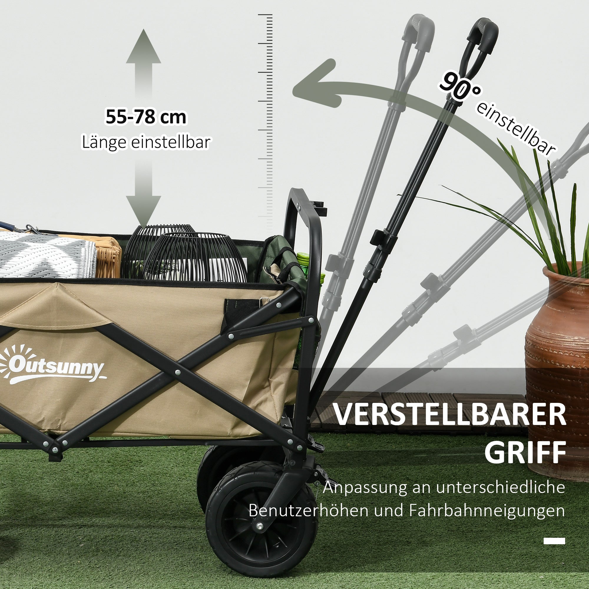 Folding Wagon, Transport Cart with Handle, Beach Wagon, Garden Cart with Carrying Bag, max. 100 kg Load Capacity, Oxford, Khaki