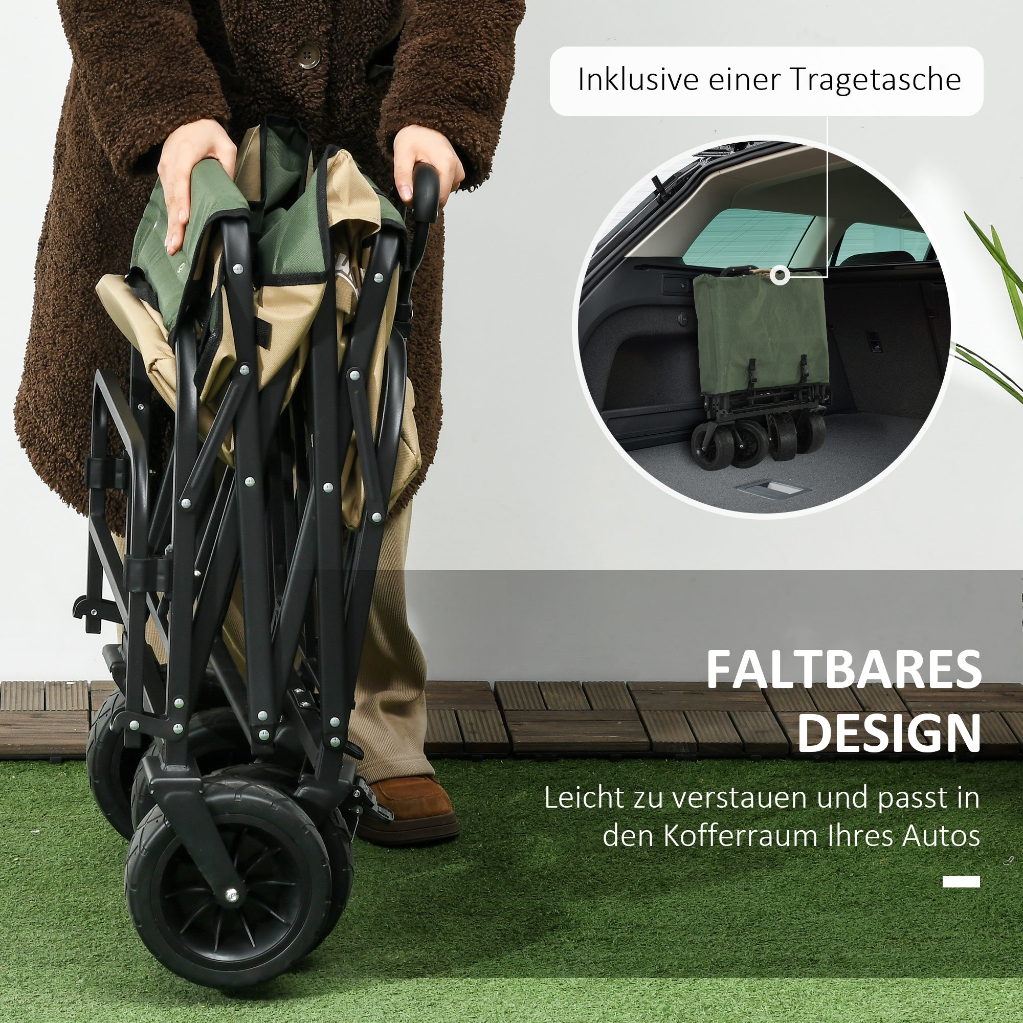Folding Wagon, Transport Cart with Handle, Beach Wagon, Garden Cart with Carrying Bag, max. 100 kg Load Capacity, Oxford, Khaki