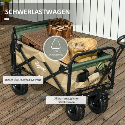 Folding Wagon, Transport Cart with Handle, Beach Wagon, Garden Cart with Carrying Bag, max. 100 kg Load Capacity, Oxford, Khaki