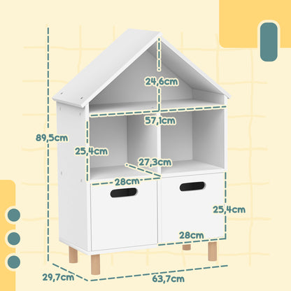 Children's Bookshelf, Children's Storage Furniture, 3 Levels with Two Drawers, House Shape, for Children's Rooms, Bedroom, 63.7 x 29.7 x 89.5 cm, White