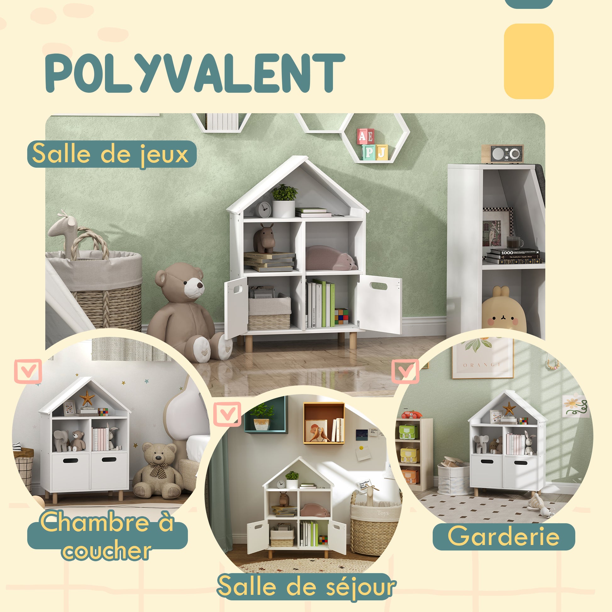 Children's Bookshelf, Children's Storage Furniture, 3 Levels with Two Drawers, House Shape, for Children's Rooms, Bedroom, 63.7 x 29.7 x 89.5 cm, White