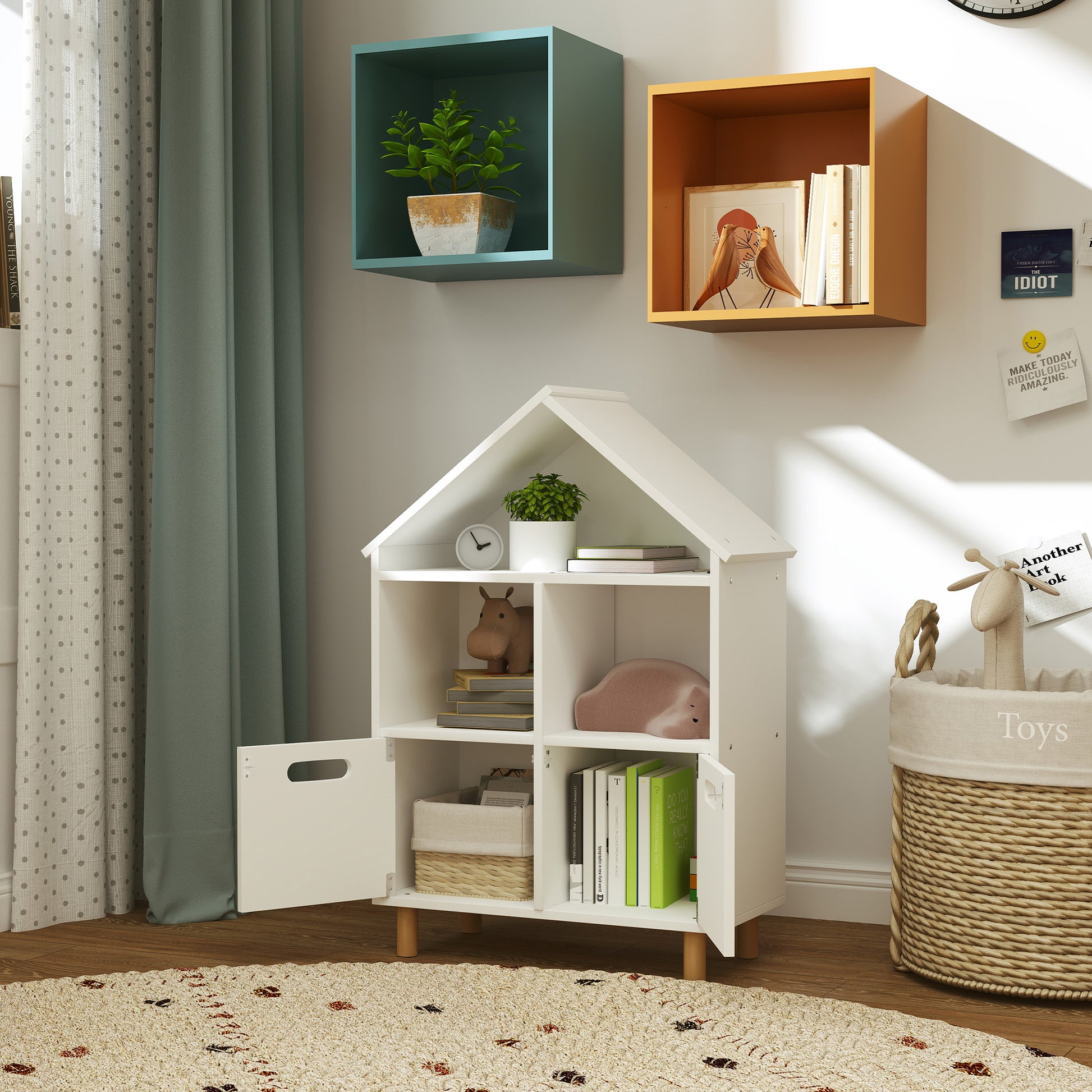Children's Bookshelf, Children's Storage Furniture, 3 Levels with Two Drawers, House Shape, for Children's Rooms, Bedroom, 63.7 x 29.7 x 89.5 cm, White