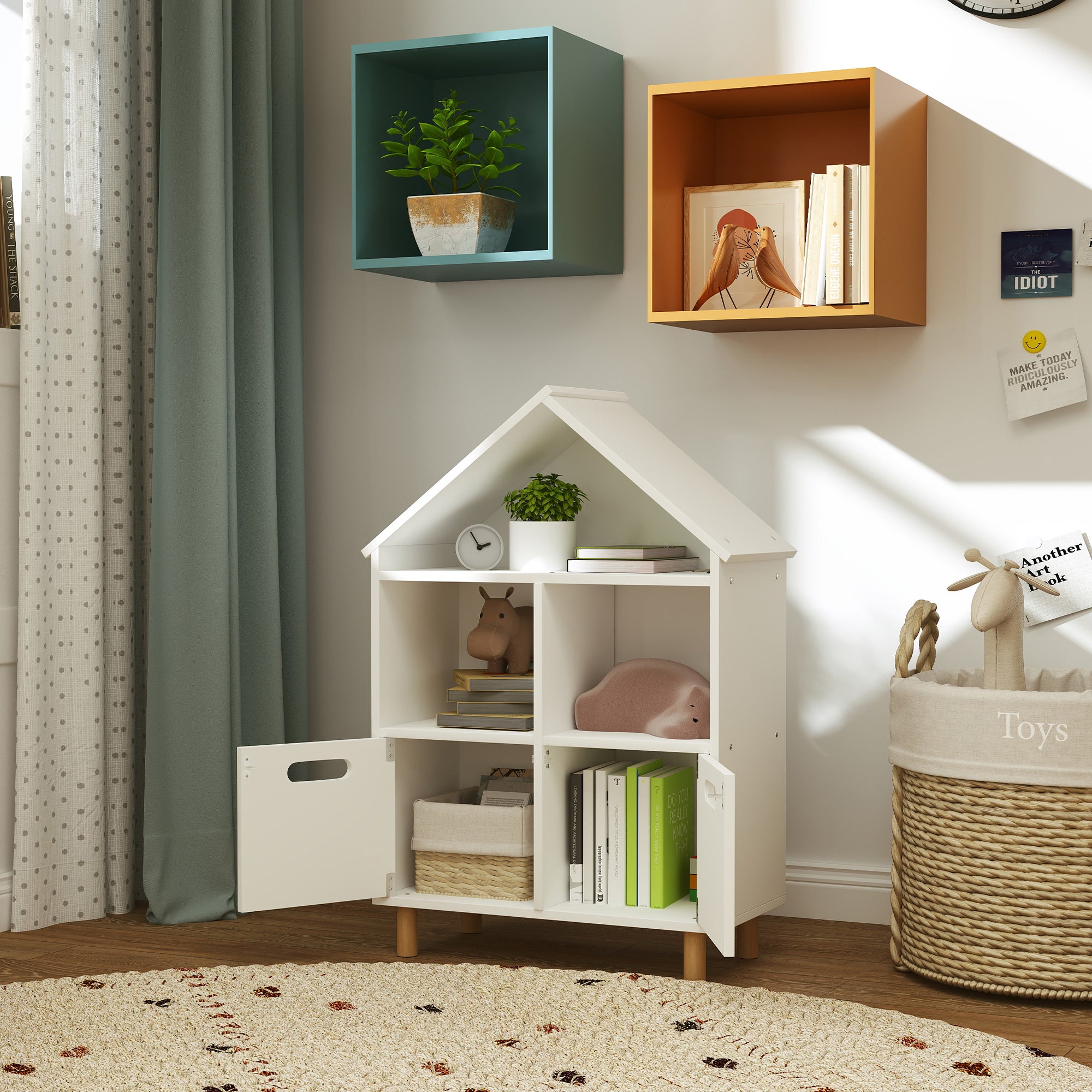 Children's Bookshelf, Children's Storage Furniture, 3 Levels with Two Drawers, House Shape, for Children's Rooms, Bedroom, 63.7 x 29.7 x 89.5 cm, White