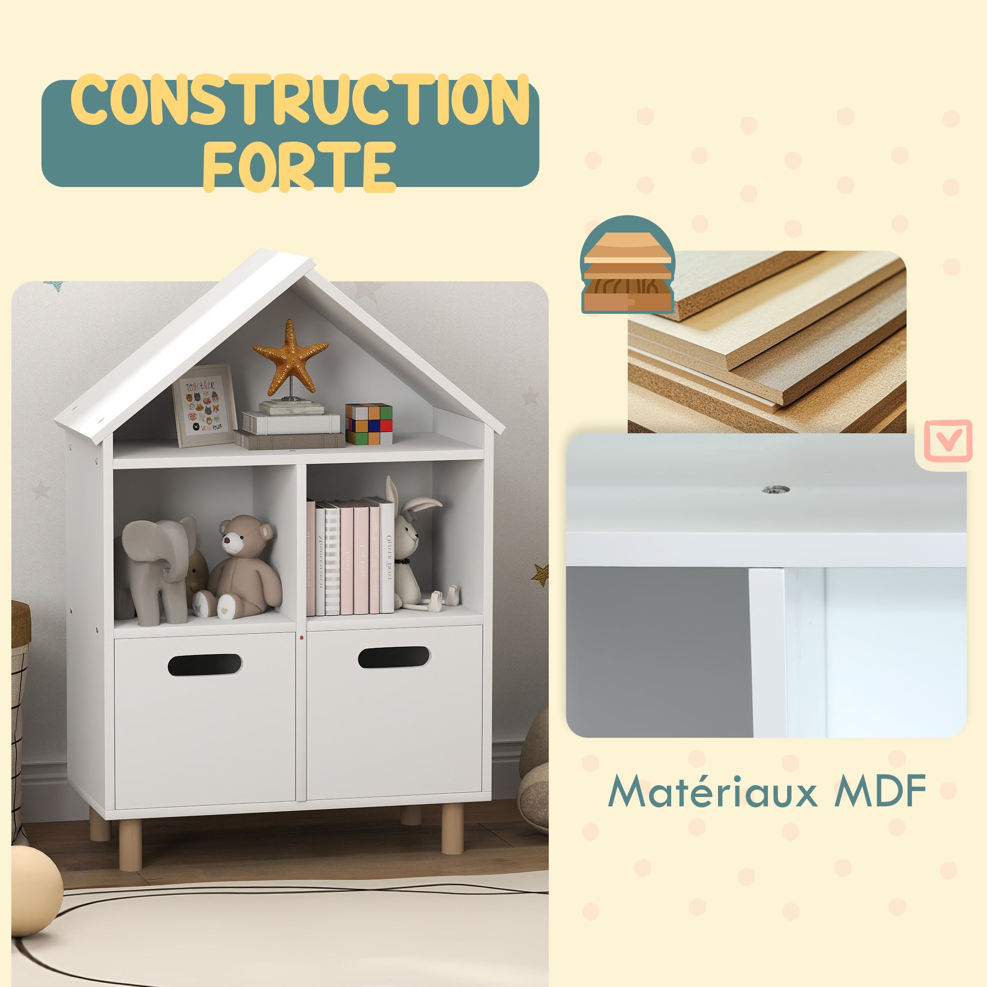 Children's Bookshelf, Children's Storage Furniture, 3 Levels with Two Drawers, House Shape, for Children's Rooms, Bedroom, 63.7 x 29.7 x 89.5 cm, White