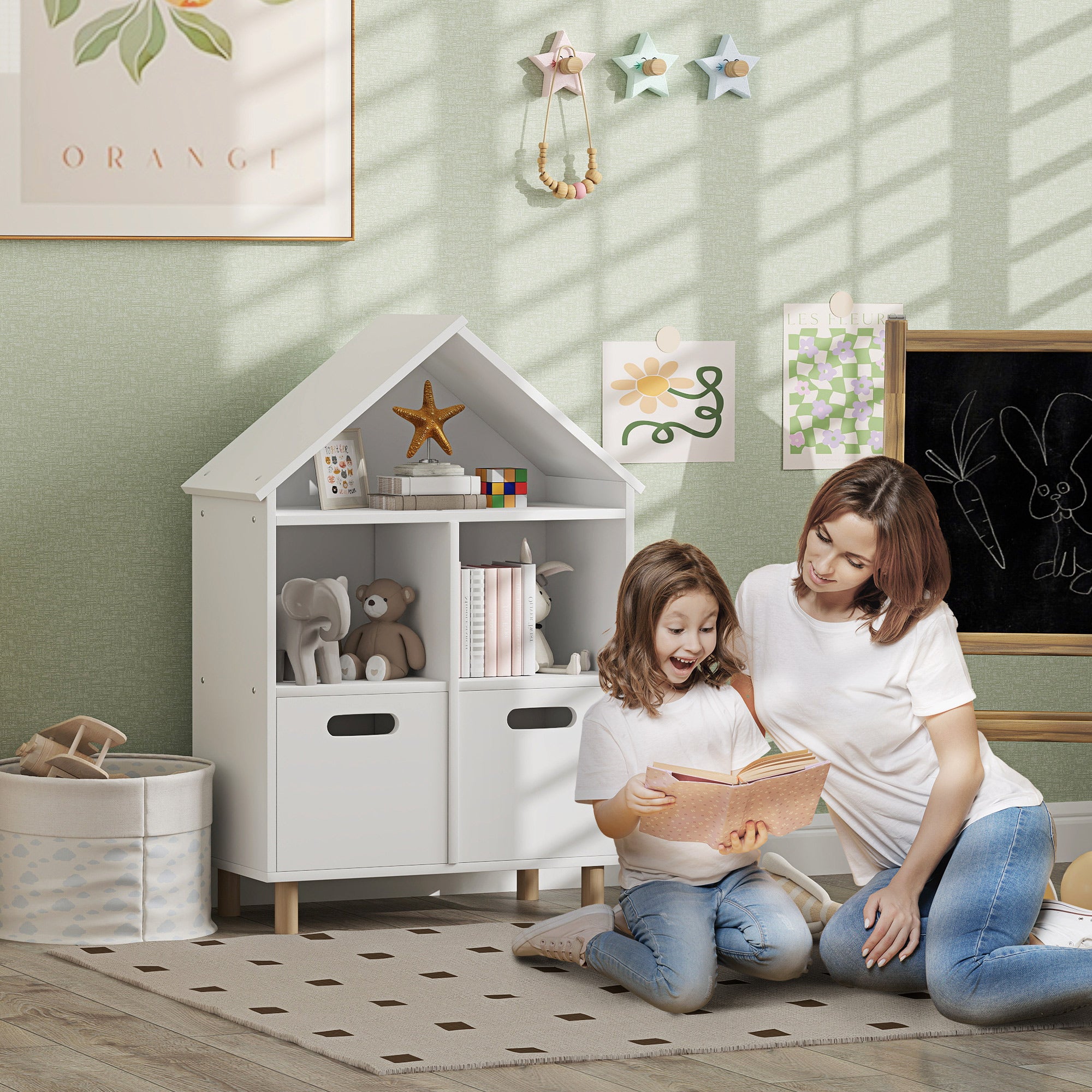 Children's Bookshelf, Children's Storage Furniture, 3 Levels with Two Drawers, House Shape, for Children's Rooms, Bedroom, 63.7 x 29.7 x 89.5 cm, White